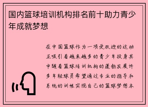 国内篮球培训机构排名前十助力青少年成就梦想