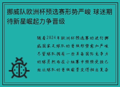 挪威队欧洲杯预选赛形势严峻 球迷期待新星崛起力争晋级